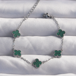 Mey İthalat® 316L Çelik Baby Boy Gümüş Renk Çizgili Yeşil Mineli Yonca Bileklik