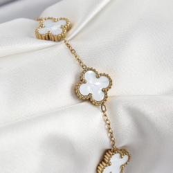 Mey İthalat® 316L Çelik Beyaz Sedef Yonca Model Gold Renk Kadın Bileklik