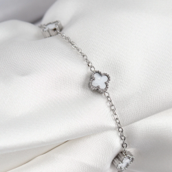 Mey İthalat® 316L Çelik Beyaz Sedef Yonca Model Gümüş Renk Kadın Bileklik