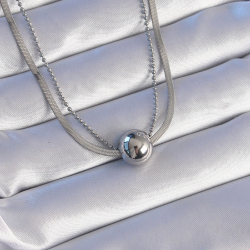Mey İthalat® 316L Çelik Çift Zincirli Gümüş Renk Topçuk İtalyan Model Kolye