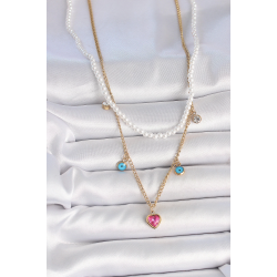 Mey İthalat® 316L Çelik Gold Renk 2'Li İnci Zincir Model Pembe Taşlı Kalp Figür Nazar Boncuk Detay Kadın Kolye