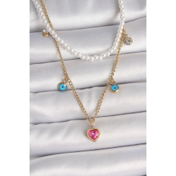 Mey İthalat® 316L Çelik Gold Renk 2'Li İnci Zincir Model Pembe Taşlı Kalp Figür Nazar Boncuk Detay Kadın Kolye