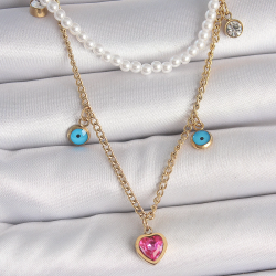 Mey İthalat® 316L Çelik Gold Renk 2'Li İnci Zincir Model Pembe Taşlı Kalp Figür Nazar Boncuk Detay Kadın Kolye