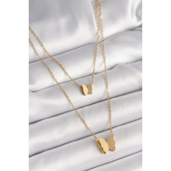 Mey İthalat® 316L Çelik Gold Renk 2'Li Simli Kelebek Model Kadın Kolye