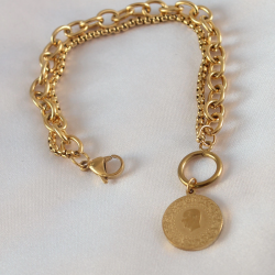 Mey İthalat® 316L Çelik Gold Renk 2'li Zincir Model Çeyrek Altınlı Kadın Bileklik