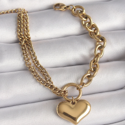 Mey İthalat® 316L Çelik Gold Renk 2'Li Zincir Model Kalp Figür Kadın Bileklik