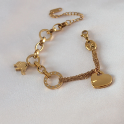 Mey İthalat® 316L Çelik Gold Renk 2'li Zincir Model Zirkon Taş Detay Kadın Bileklik