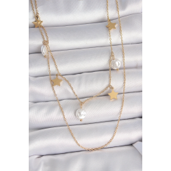 Mey İthalat® 316L Çelik Gold Renk 2'Li Zincir Sallantı Yıldız İnci Model Kadın Kolye