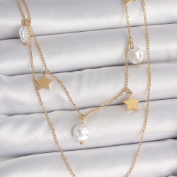 Mey İthalat® 316L Çelik Gold Renk 2'Li Zincir Sallantı Yıldız İnci Model Kadın Kolye