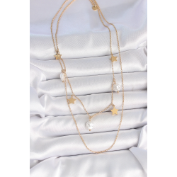 Mey İthalat® 316L Çelik Gold Renk 2'Li Zincir Sallantı Yıldız İnci Model Kadın Kolye