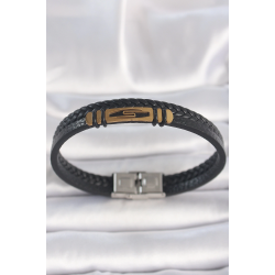 Mey İthalat® 316L Çelik Gold Renk Aksesuarlı Çift Sıra Siyah Burgu Desenli Deri Kordon Erkek Bileklik