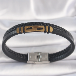 Mey İthalat® 316L Çelik Gold Renk Aksesuarlı Çift Sıra Siyah Burgu Desenli Deri Kordon Erkek Bileklik