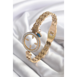 Mey İthalat® 316L Çelik Gold Renk Arpa Model Zirkon Taş Detay Çeyrek Altın Takılabilir Kadın Kelepçe