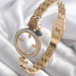 Mey İthalat® 316L Çelik Gold Renk Arpa Model Zirkon Taş Detay Çeyrek Altın Takılabilir Kadın Kelepçe