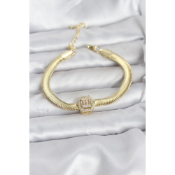 Mey İthalat® 316L Çelik Gold Renk Baget Zirkon Taşlı Yılan Zincirli Kadın Bileklik