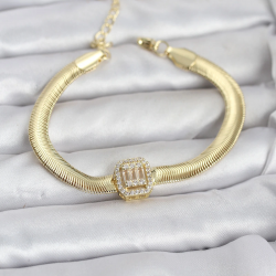 Mey İthalat® 316L Çelik Gold Renk Baget Zirkon Taşlı Yılan Zincirli Kadın Bileklik