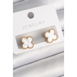 Mey İthalat® 316L Çelik Gold Renk Beyaz Minelik Yonca Model Kadın Küpe