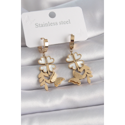 Mey İthalat® 316L Çelik Gold Renk Beyaz Sedefli Yonca Simli Kelebek Figür Kadın Küpe