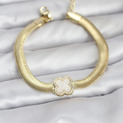 Mey İthalat® 316L Çelik Gold Renk Beyaz Yonca Model Zirkon Taşlı Yılan Zincirli Kadın Bileklik