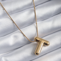 Mey İthalat® 316L Çelik Gold Renk Bubble "T" Harf Model Kadın Kolye