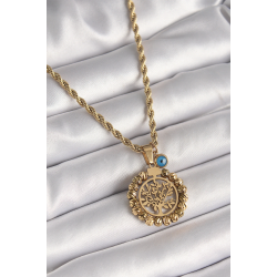 Mey İthalat® 316L Çelik Gold Renk Burgu Zincir Dorika Yaşam Ağacı Figür Nazar Boncuk Detay Kadın Kolye