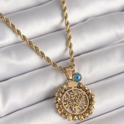 Mey İthalat® 316L Çelik Gold Renk Burgu Zincir Dorika Yaşam Ağacı Figür Nazar Boncuk Detay Kadın Kolye