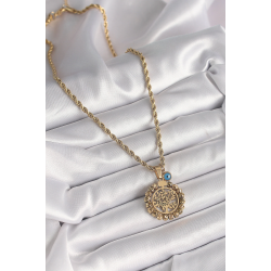 Mey İthalat® 316L Çelik Gold Renk Burgu Zincir Dorika Yaşam Ağacı Figür Nazar Boncuk Detay Kadın Kolye