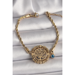 Mey İthalat® 316L Çelik Gold Renk Burgu Zincir Model Dorika Yaşam Ağacı Figür Nazar Boncuk Detay Kadın Bileklik