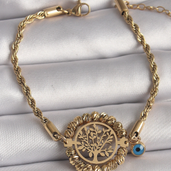 Mey İthalat® 316L Çelik Gold Renk Burgu Zincir Model Dorika Yaşam Ağacı Figür Nazar Boncuk Detay Kadın Bileklik