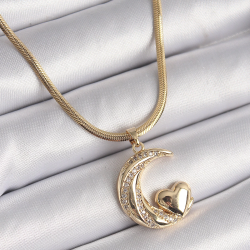 Mey İthalat® 316L Çelik Gold Renk Çelik İtalyan Zincir Zirkon Taşlı Halil Figür Kalp Detay Kadın Kolye