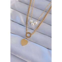 Mey İthalat® 316L Çelik Gold Renk Çift Zincir İnci Detayı Love Kalp Kolye
