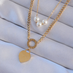 Mey İthalat® 316L Çelik Gold Renk Çift Zincir İnci Detayı Love Kalp Kolye