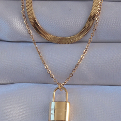 Mey İthalat® 316L Çelik Gold Renk Çift Zincir Kilit Model Kolye