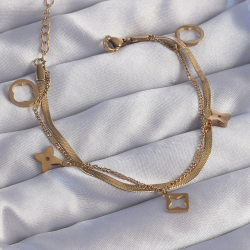 Mey İthalat® 316L Çelik Gold Renk Çift Zincir Yonca Tasarım Bileklik
