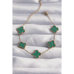 Mey İthalat® 316L Çelik Gold Renk Çizgili Yeşil Mineli Yonca Bileklik