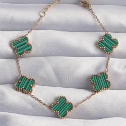 Mey İthalat® 316L Çelik Gold Renk Çizgili Yeşil Mineli Yonca Bileklik