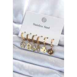 Mey İthalat® 316L Çelik Gold Renk Çoklu Figür Model Kadın Küpe Seti