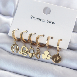 Mey İthalat® 316L Çelik Gold Renk Çoklu Figür Model Kadın Küpe Seti