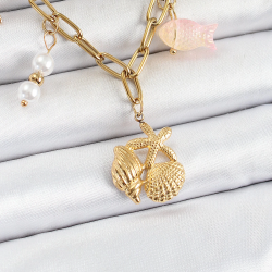 Mey İthalat® 316L Çelik Gold Renk Deniz Yıldızı ve Deniz Kabuğu Konsept Kadın Kolye