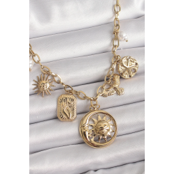 Mey İthalat® 316L Çelik Gold Renk Halka Zincir Sallantı Ay Güneş Figür Kuş Detay Kadın Kolye