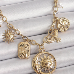 Mey İthalat® 316L Çelik Gold Renk Halka Zincir Sallantı Ay Güneş Figür Kuş Detay Kadın Kolye