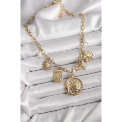 Mey İthalat® 316L Çelik Gold Renk Halka Zincir Sallantı Ay Güneş Figür Kuş Detay Kadın Kolye