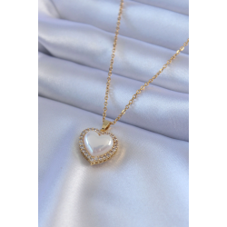 Mey İthalat® 316L Çelik Gold Renk İncili Kalp Model Zirkon Taşlı Kadın Kolye