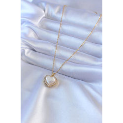 Mey İthalat® 316L Çelik Gold Renk İncili Kalp Model Zirkon Taşlı Kadın Kolye