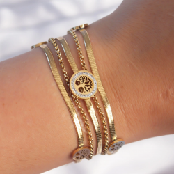 Mey İthalat® 316L Çelik Gold Renk İtalyan Zincir Detaylı Zirkon Taşlı Yaşam Ağacı Tasarımlı Çoklu Bileklik