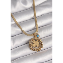 Mey İthalat® 316L Çelik Gold Renk İtalyan Zincir Dorika Yonca Model Nazar Boncuk Detay Kadın Kolye