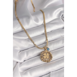 Mey İthalat® 316L Çelik Gold Renk İtalyan Zincir Dorika Yonca Model Nazar Boncuk Detay Kadın Kolye