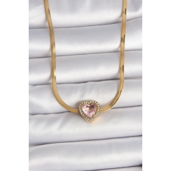 Mey İthalat® 316L Çelik Gold Renk İtalyan Zincir Pembe Zirkon Taşlı Kalp Model Kadın Kolye