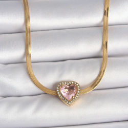 Mey İthalat® 316L Çelik Gold Renk İtalyan Zincir Pembe Zirkon Taşlı Kalp Model Kadın Kolye