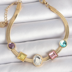 Mey İthalat® 316L Çelik Gold Renk İtalyan Zincir Renkli Zirkon Taşlı Kadın Bileklik